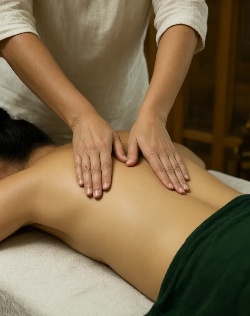 A therapist's hands pressing into a client's shoulder during a massage