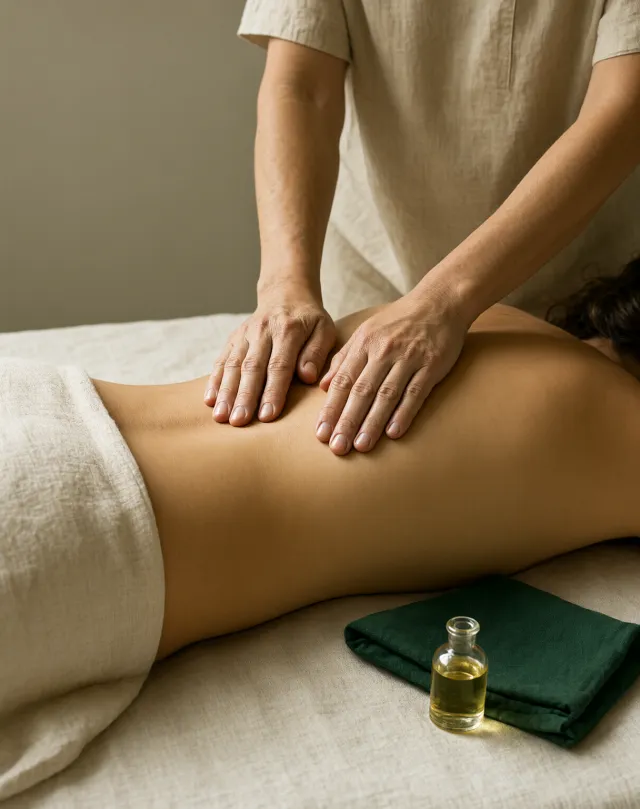 Hands pressing into a client's back beside a small bottle of oil and folded green linen