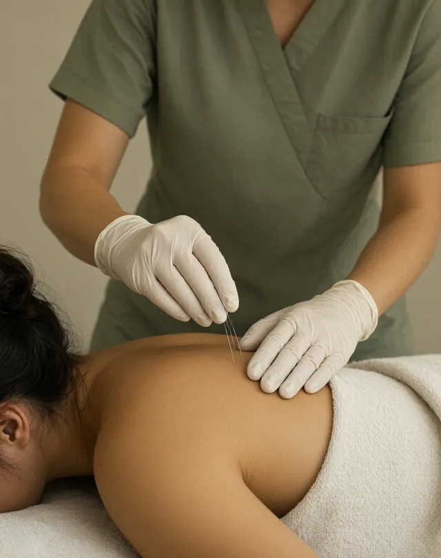 A gloved hand placing fine needles near a client's shoulder